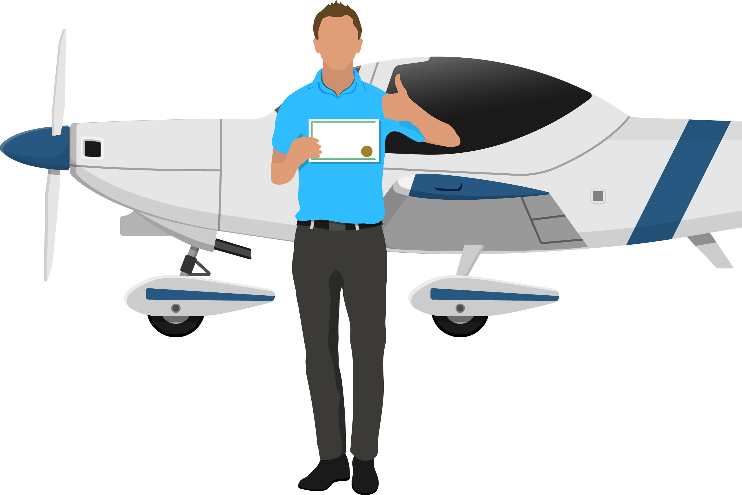 graphic of man standing in front of airplane with license