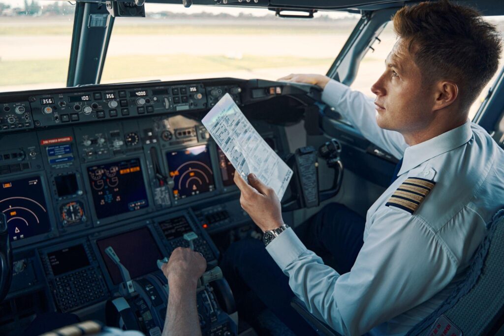 Pensive co-pilot with a before-takeoff checklist in his hand sitting by an airline captain in the cockpit