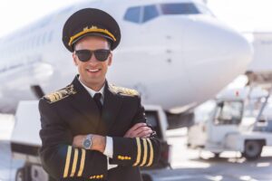 Smiling aviator standing near plane
