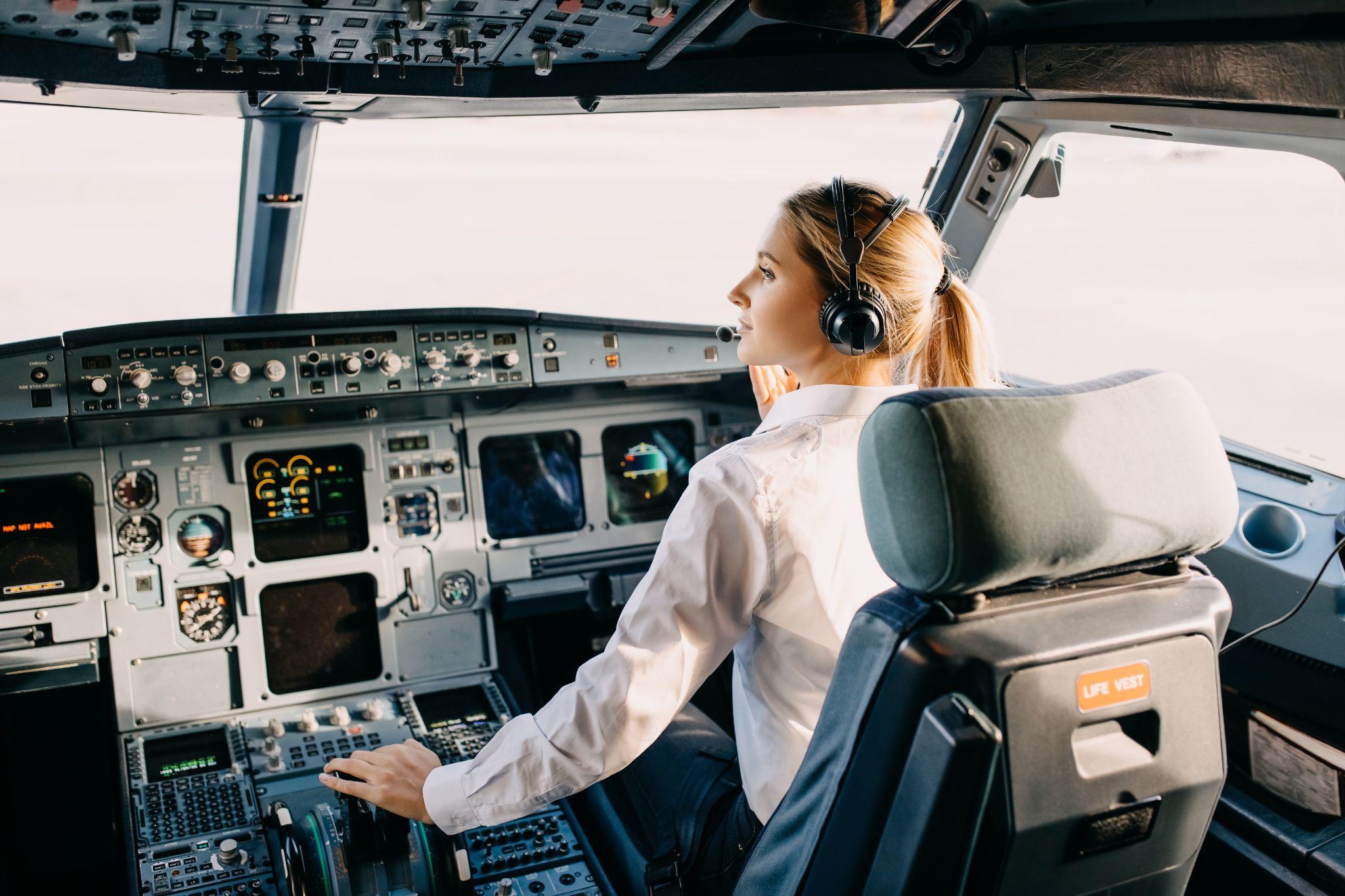 Woman pilot sitting in private airplane cockpit