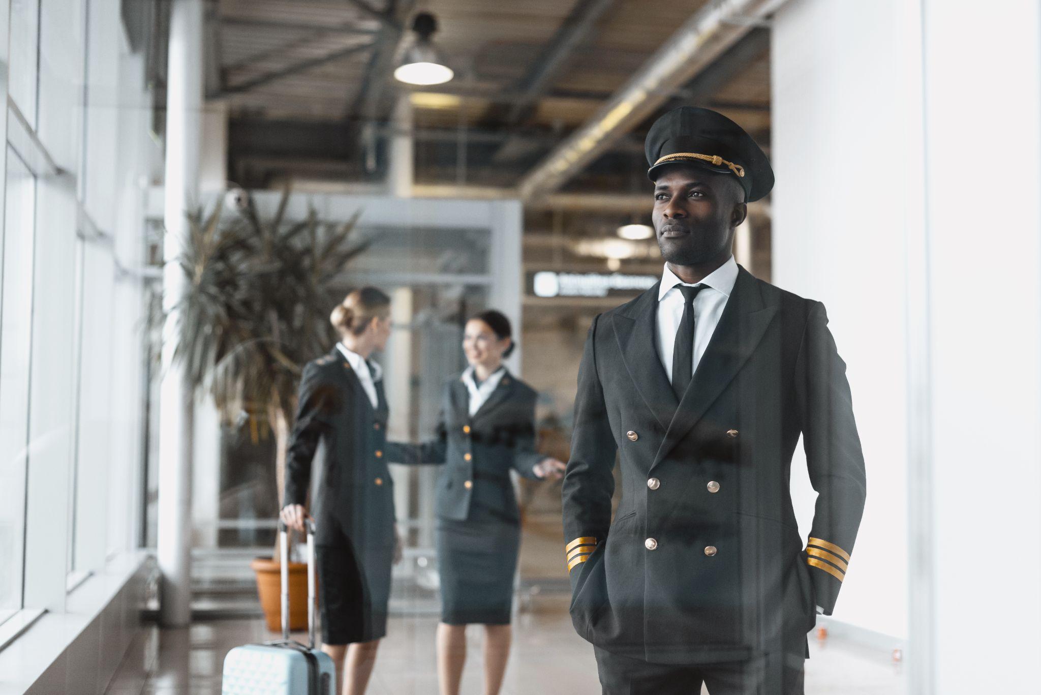 young pilot in airport with stewardesses before flight