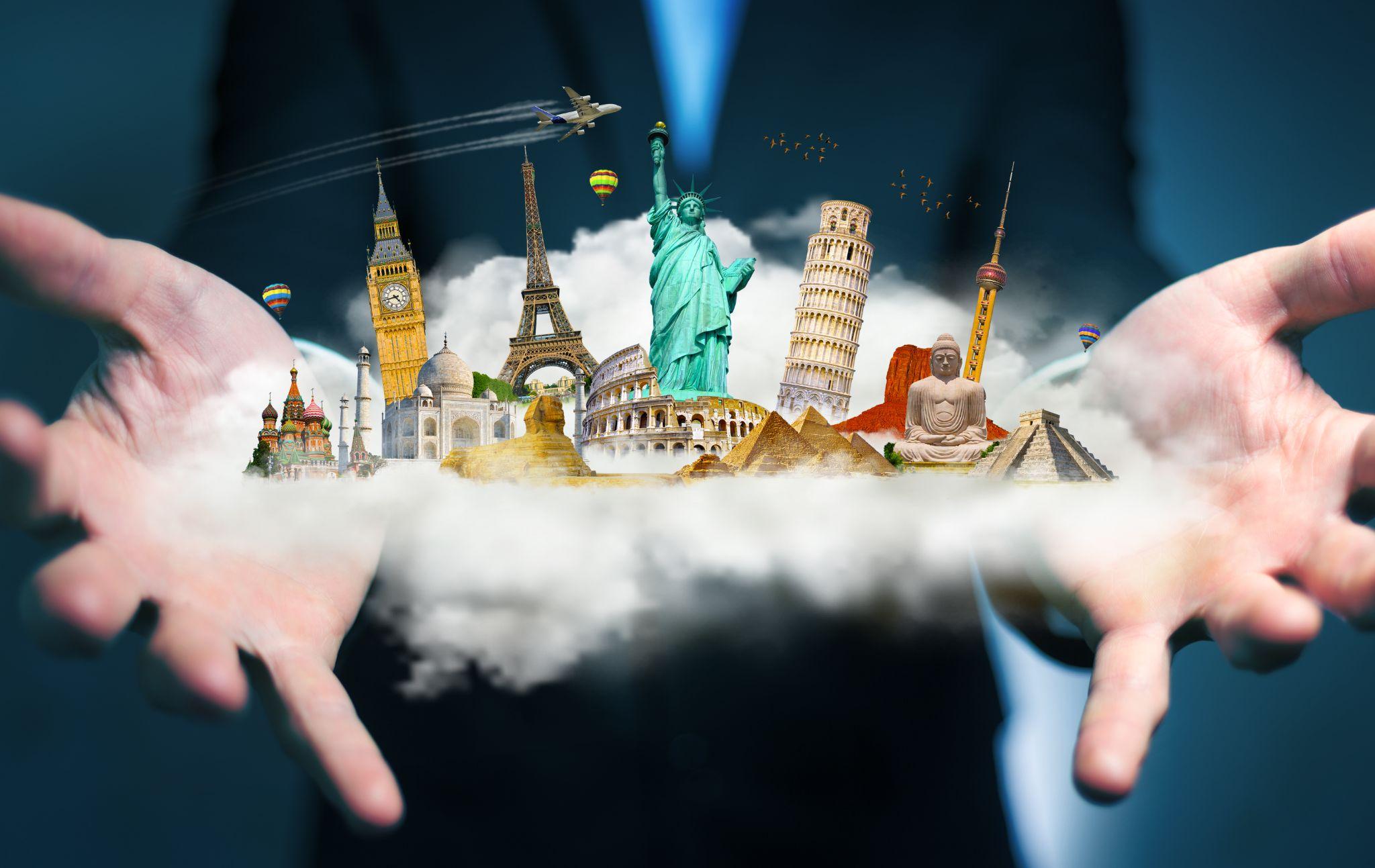 Businessman holding a cloud full of famous monuments in his hands 3D rendering