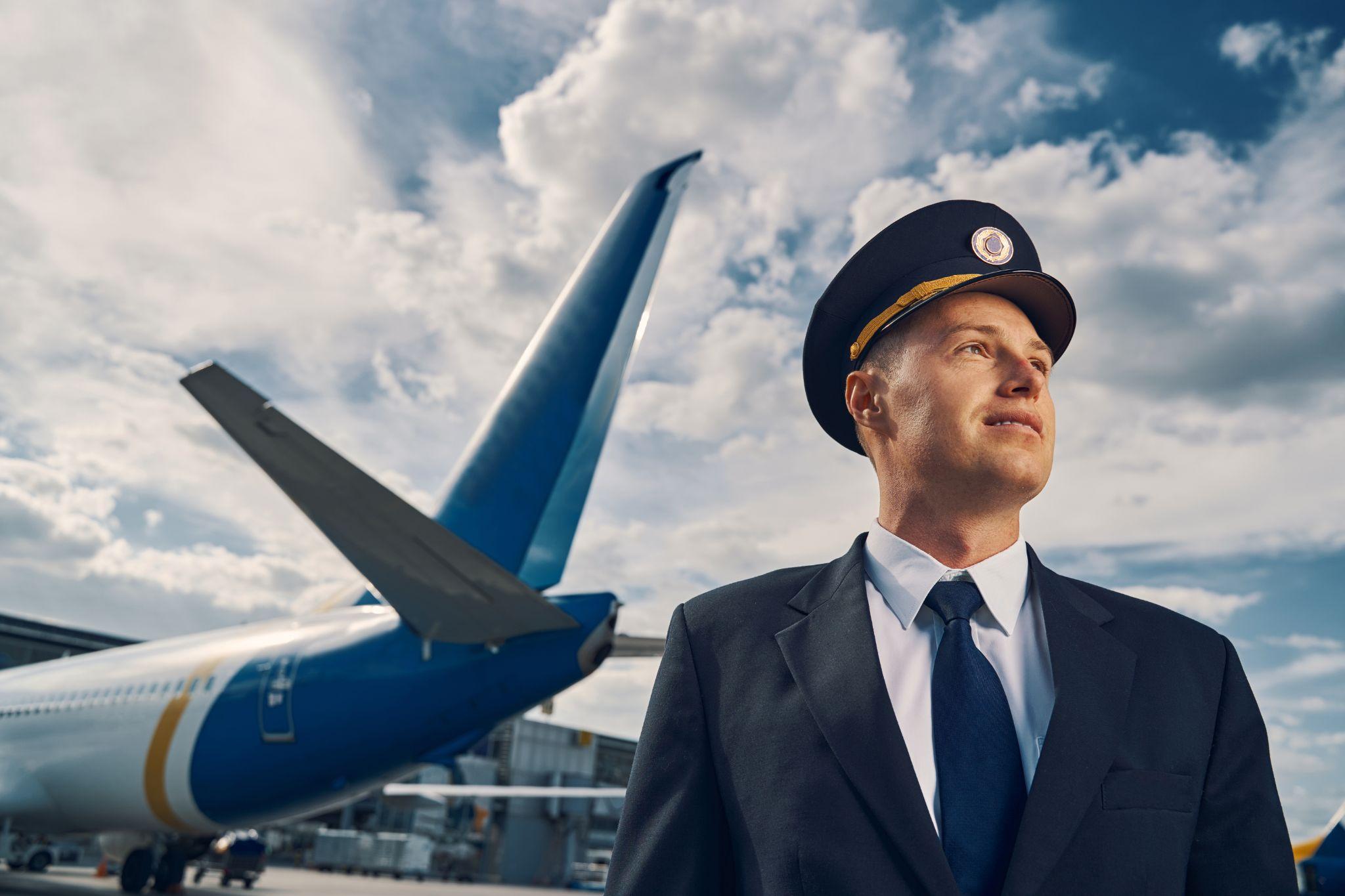 Professional pilot posing for the camera against a landed aircraft