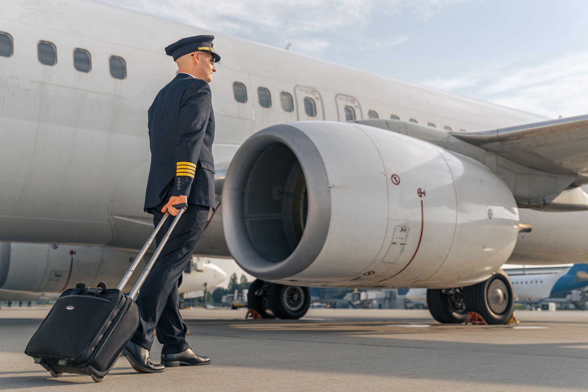 Back view of pilot in black suit walking with travel bag near plane.