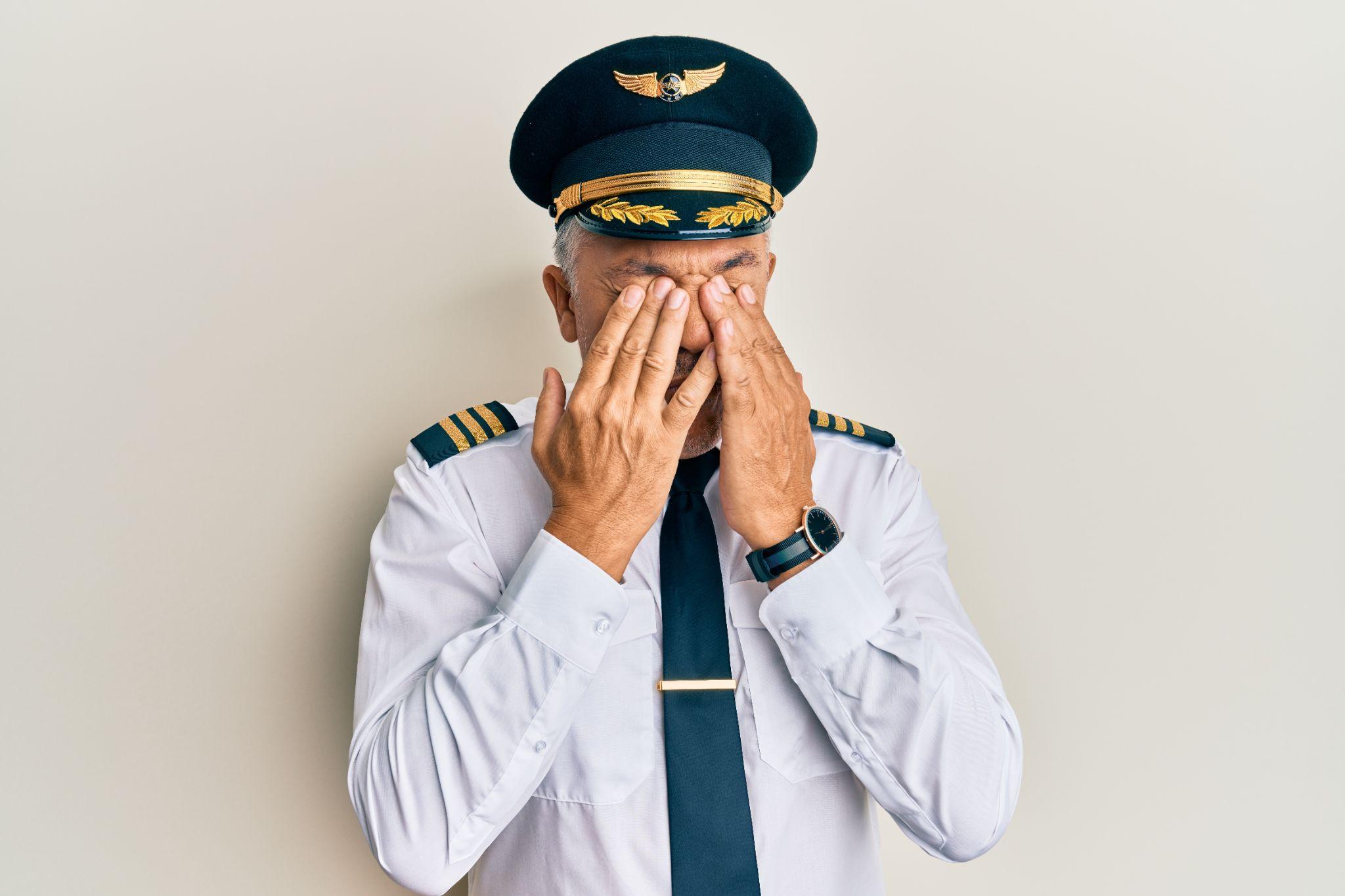 Handsome middle age mature man wearing airplane pilot uniform rubbing eyes for fatigue and headache