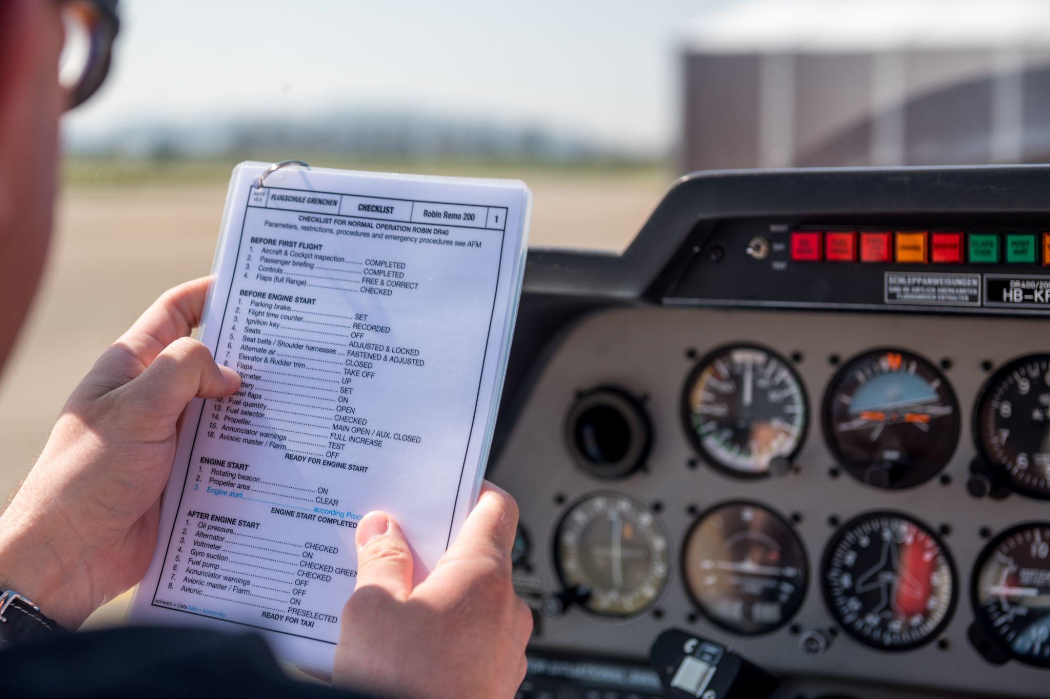 Flight preparations with a checklist.