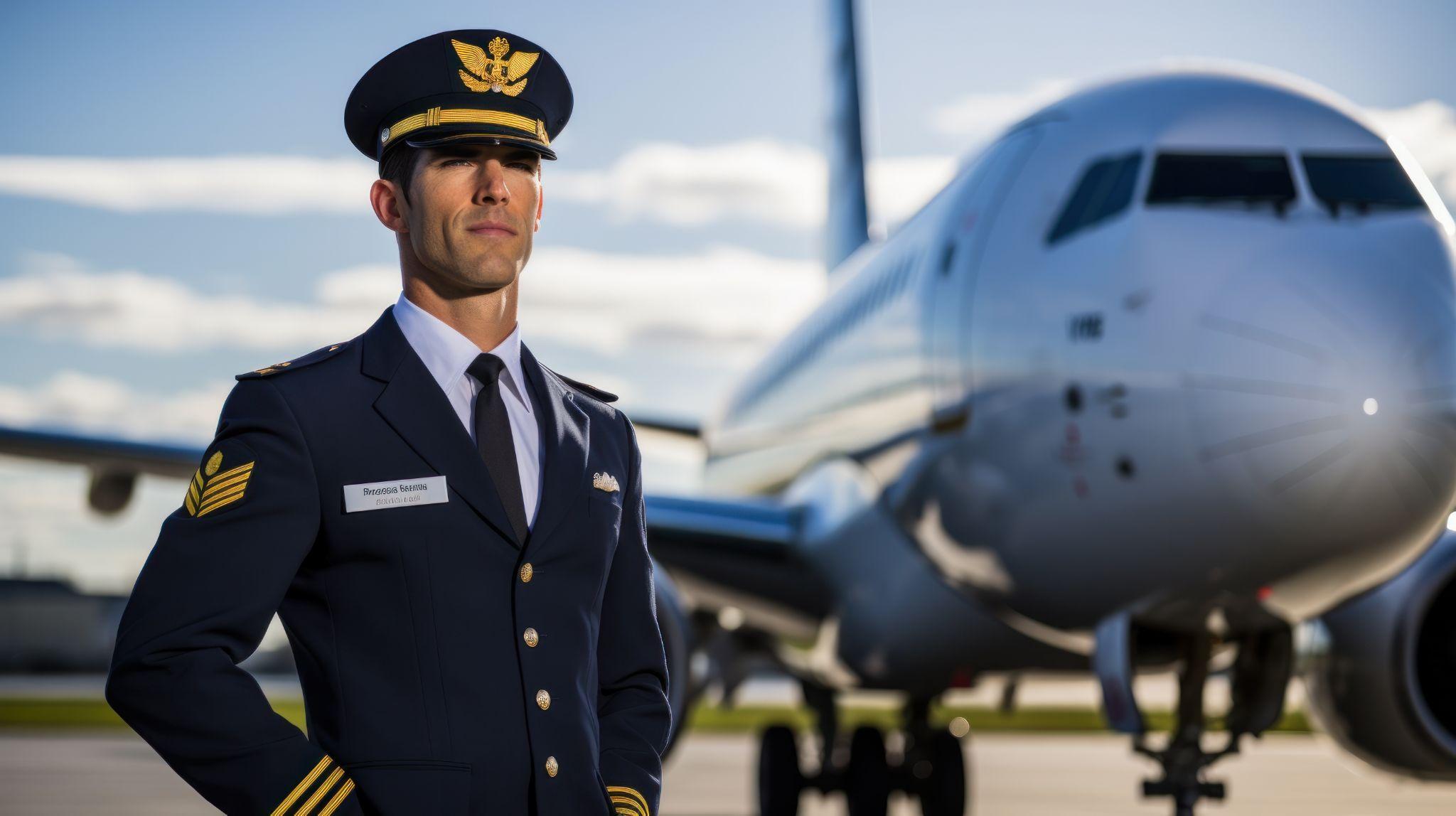 Airline Captain smiling standing in airfield with airplane on background.