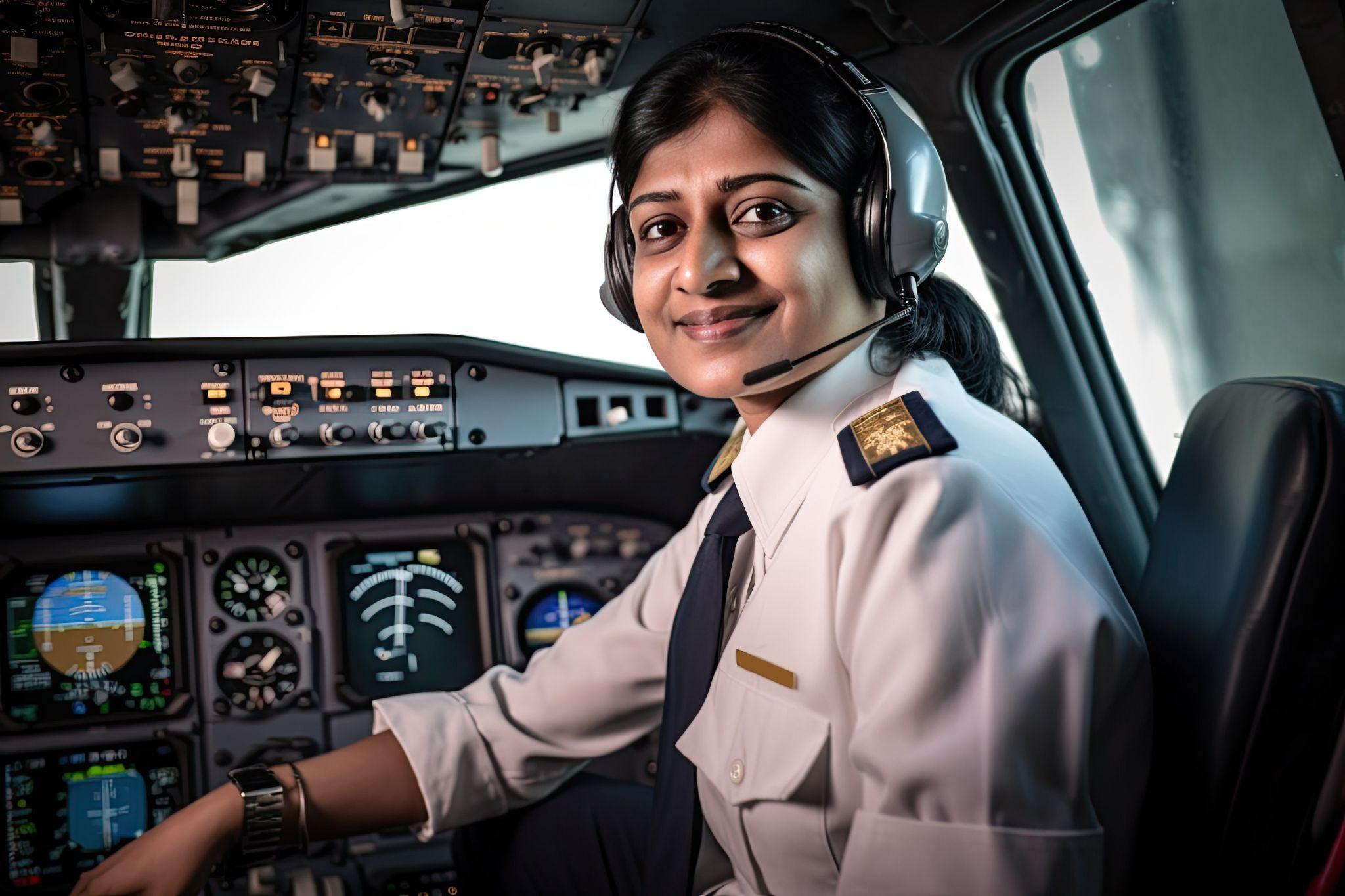Female pilot smiling in cockpit of aircraft.