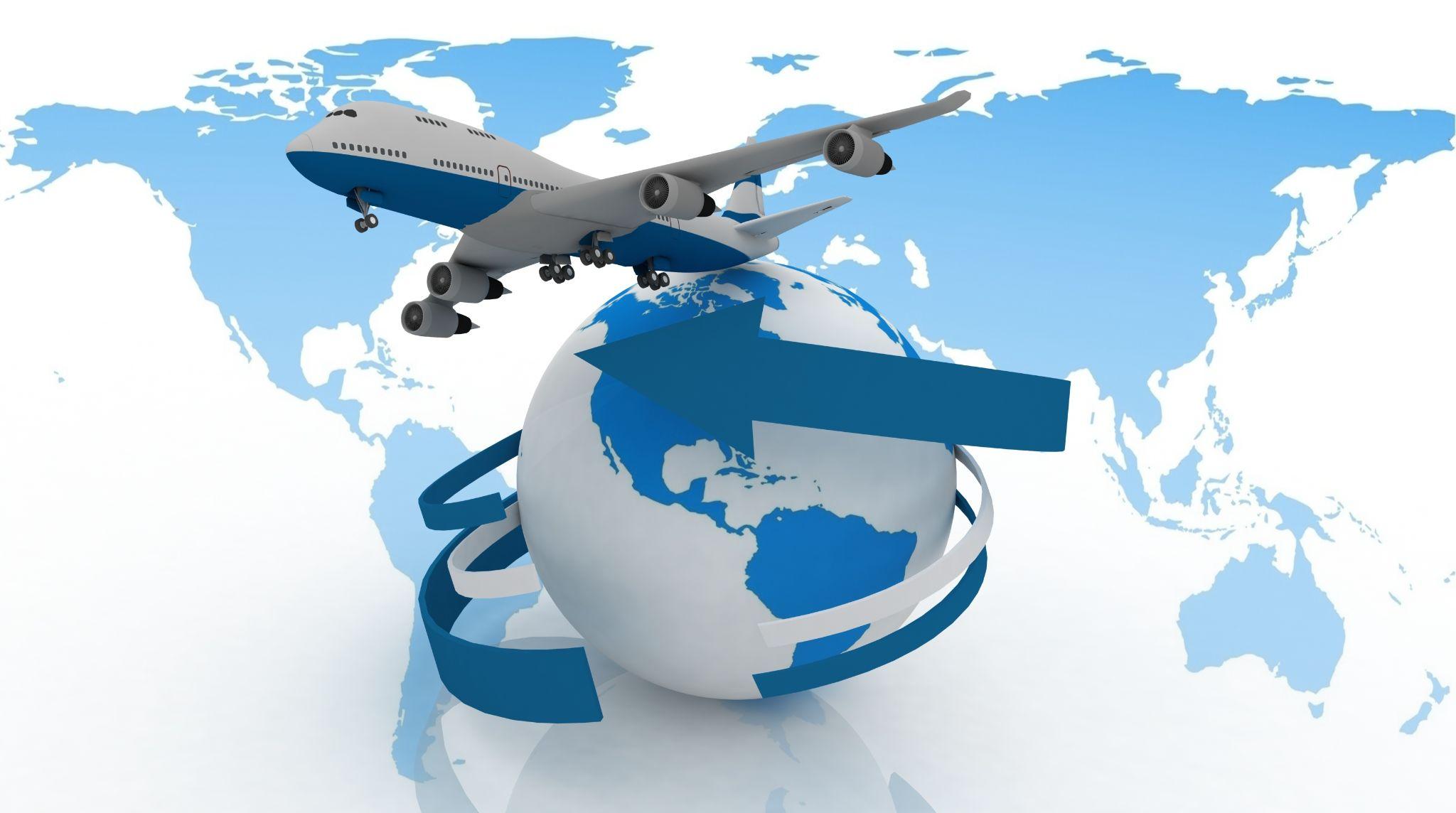 Passenger jet airplane travels around the world.