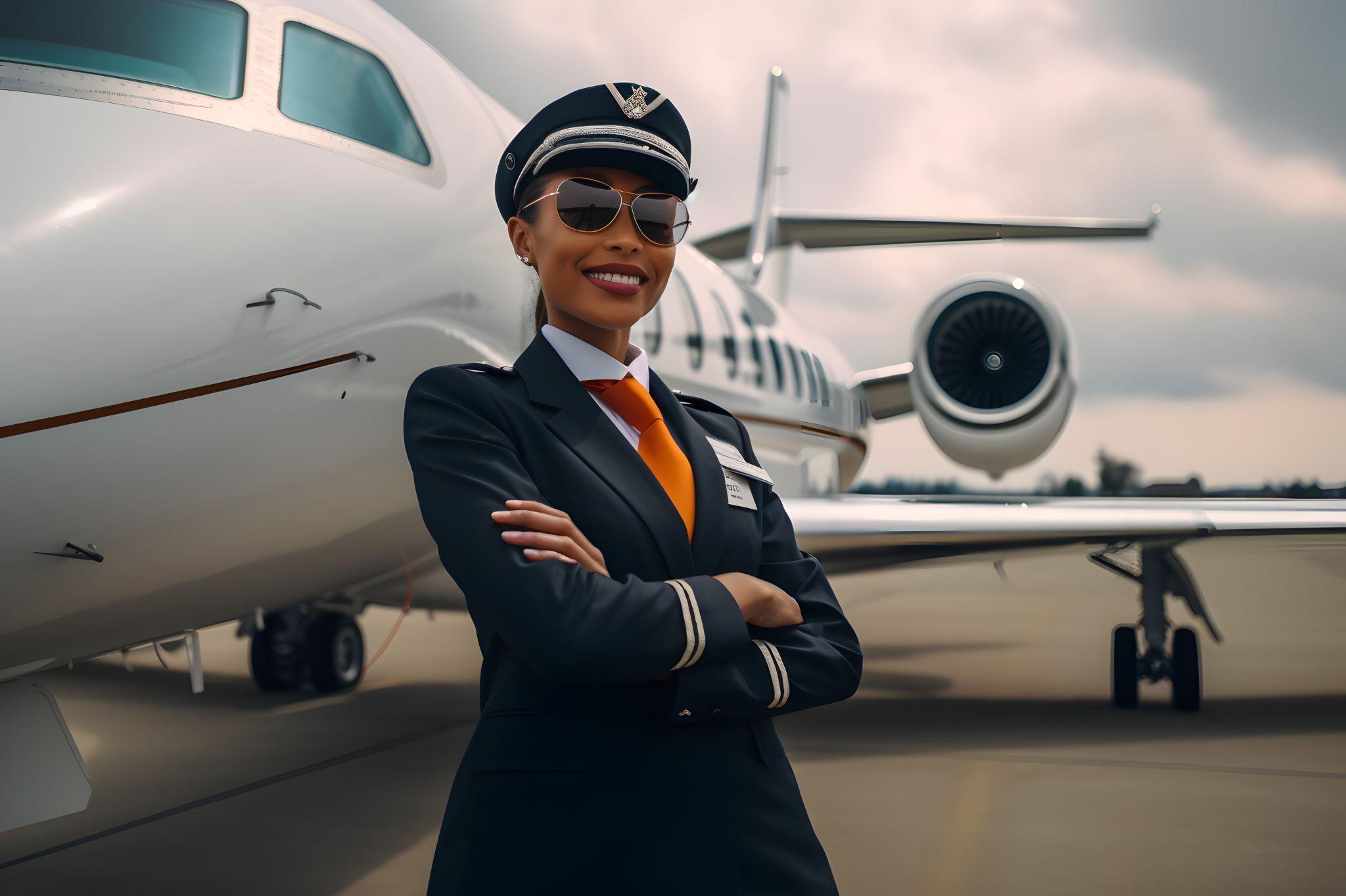 African American female pilot against the backdrop of a private jet in the hangar.