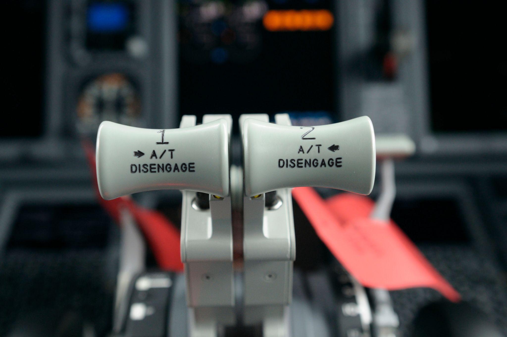 Close up view on engine power control of aircraft Boeing 737-400.