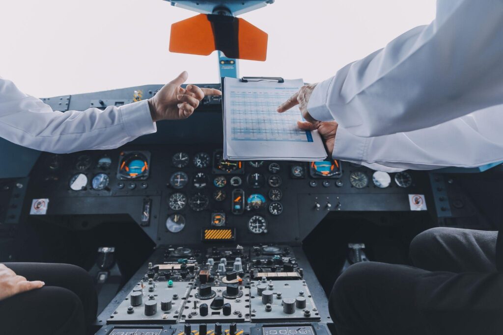 Professional pilot woman in uniform has meeting for success flight.