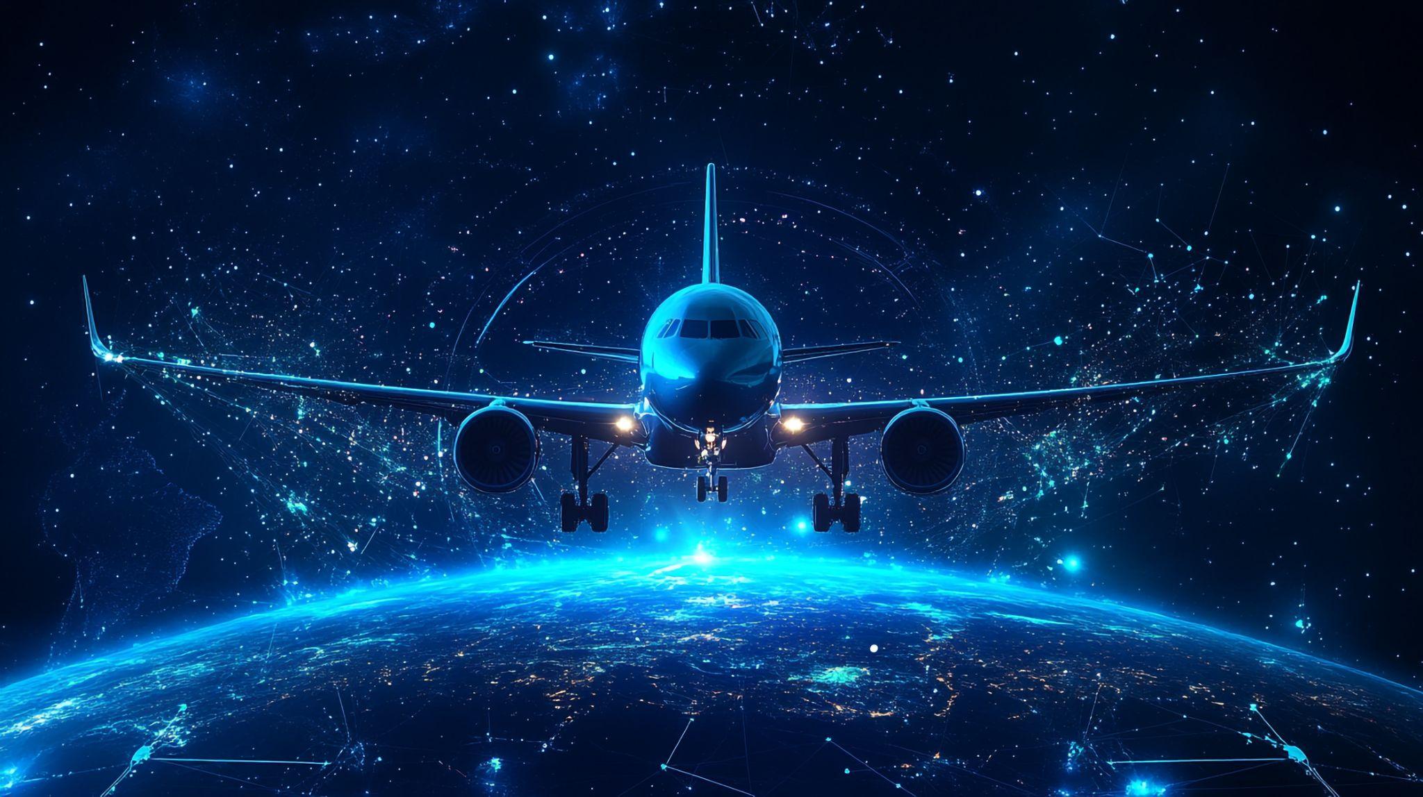 Airplane flying above earth global network connection travel technology.