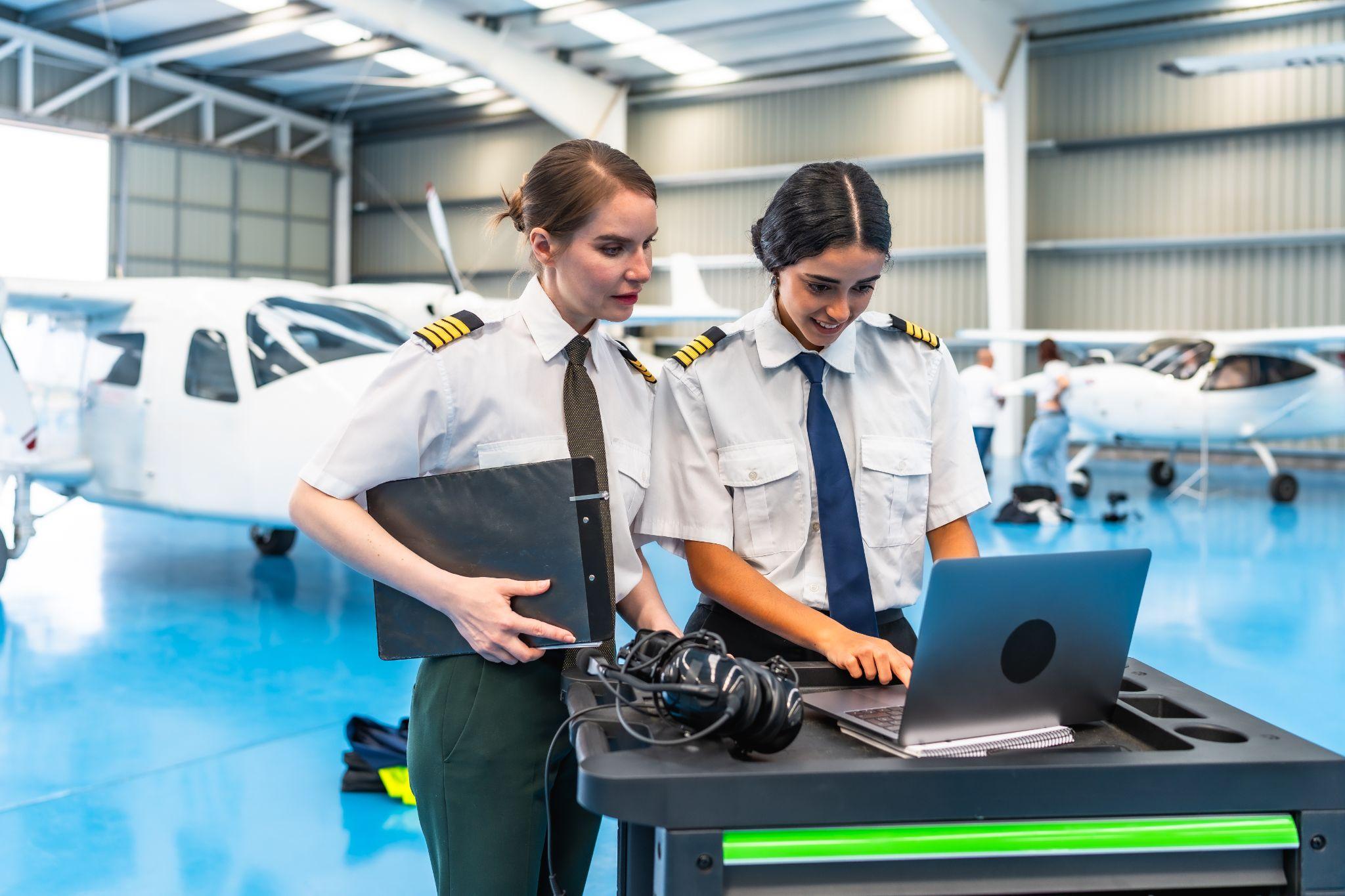 Female pilots using laptop in hangar with airplane.