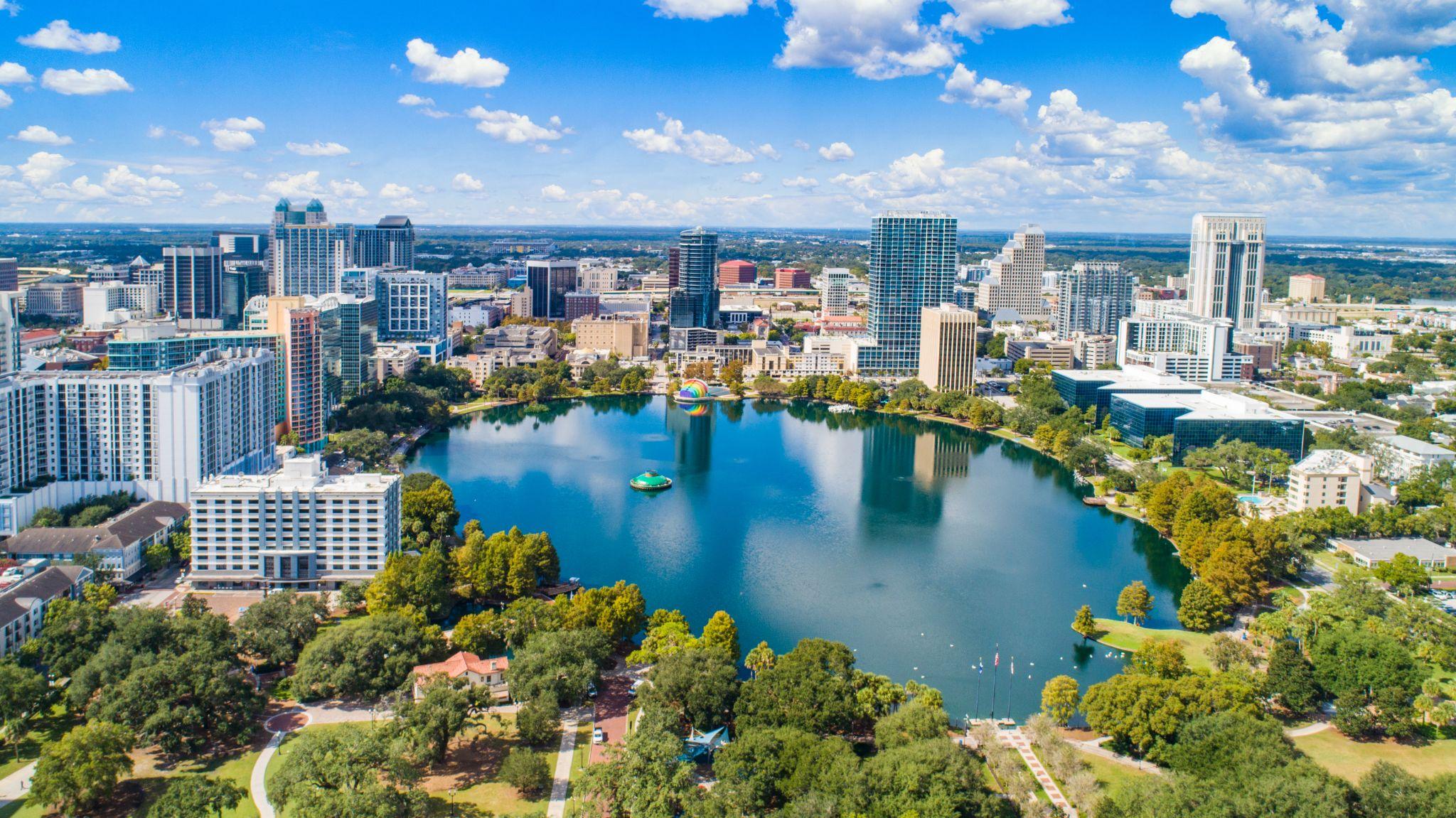 Orlando, Florida, USA downtown drone skyline aerial.