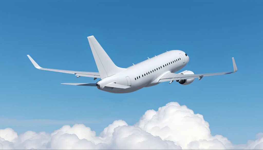 White airplane flying against a blue sky above the clouds. Passenger jet aircraft Boeing 737 in a rear corner view angle.
